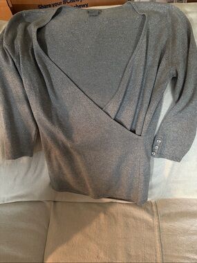Ann Taylor Metallic Gray V-Neck Wrap Sweater